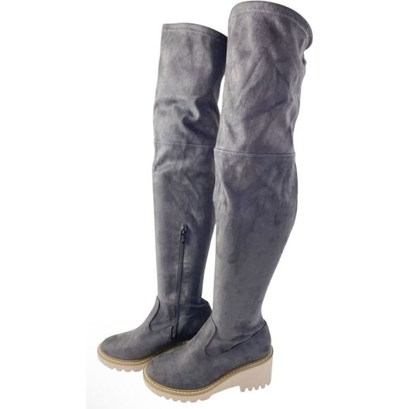 Nicole Miller Thigh High Boots Gray Suede Over the Knee Platform Boots - Picture 1 of 7